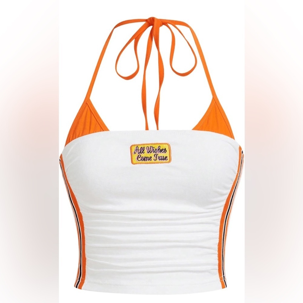 White Y2K Halter Crop Top with Orange & Black Stripe Detail - Large - Picture 7 of 7